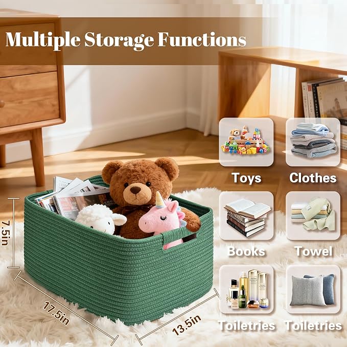 2 Pack Large Storage Basket for Organizing, 17.5"x13"x7" Woven Basket for Shelves, Closet Cube Storage Bins with Wrapped Handle, Cotton Rope Baskets for Kitchen, Clothes, Toys(Green)
