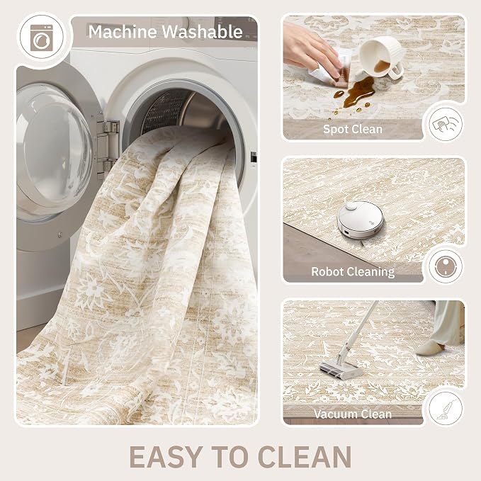 Soalmost 9x12 Area Rugs for Living Room, Washable Neutral Soft Rug Beige | Vintage Floral Non-Slip Low Pile Throw Large Carpet for Dining Room Bedroom Kitchen Home Office 9'x12'