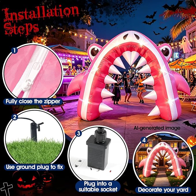 13FT Halloween Pink Shark Inflatable Arch for Yard Lawn Decor | Giant Shark Blow Up with Built-in 6 LED Lights and 1 Blower for Indoor/Outdoor Halloween Shark Birthday Party Decoration