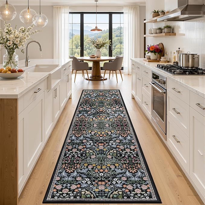 Runner Rug for Entryway: 2.6x10 Kitchen Rugs Non Slip Washable Ultra-Thin Soft Floral Carpet Indoor Floor Stain Resistant Carpets for Hallway Bedroom Kitchen Laundry Bathroom Dorm Dark Black