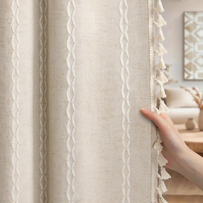 Cream Boho Blackout Curtains 2 Panels 84 Inch for Living Room Bedroom, Beige Linen Texture Farmhouse Curtains with Tassels and Cotton Embroidery Vintage Rustic Western Rod Pocket