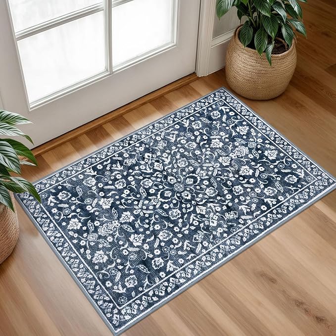 Vintage Entryway Rug Indoor, Navy Washable Rug 2x3, Small Area Rug with Non-Slip Backing, Floral Print, Thin Faux Wool Super Soft Door Mat for Kitchen, Entrance, Bedroom, Office