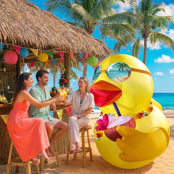 6 FT Giant Inflatable Duck, Summer Inflatables Outdoor Decorations for Yard | Blow Up Duck with Hawaiian Leis, Luau Party Decorations, Powerful Blower & LED Lights, Pool Beach Tropical Lawn Party Decor