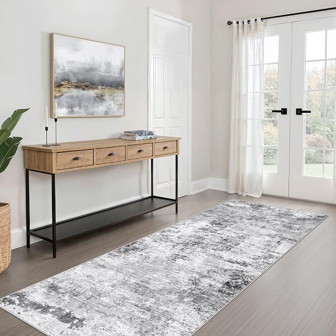 Runner Rug Non-Slip Kitchen Rug: 2x6 Washable Abstract Modern Soft Stain Resistant Indoor Floor Neutral Accent Throw Carpet for Hallway Bathroom Laundry Room Bedroom Entryway- Black Gray