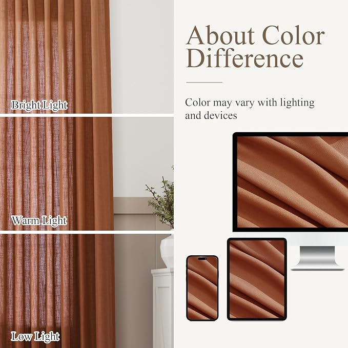 Boho Terracotta Linen Curtains 2 panels for Living Room Bab Tab Light Filtering Sheer Window Curtains Traditional Farmhouse Retro Rust Color Room Decor Desert Earthy Tone Drapes 52x80 inches Long