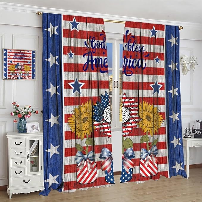 American Flag Curtains,Rustic Retro Wooden Sunflowers Stars Stripe USA Independence Day Decor Drape for Bedroom Living Room Window Treatment 2 Panels Set Total Size 52" W X 84" L Inch