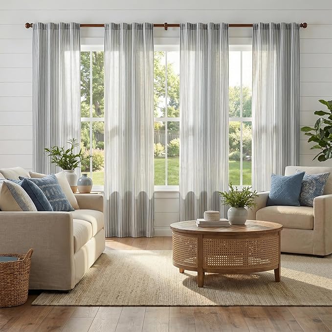 jinchan Linen Curtains 96 Inch Blue Stripe on Beige Back Tab 2 Panels | Curtains For Living Room Bedroom,Ticking Stripe, Farmhouse Cottage Core Rustic,Rod Pocket Window Treatment,Light Filtering