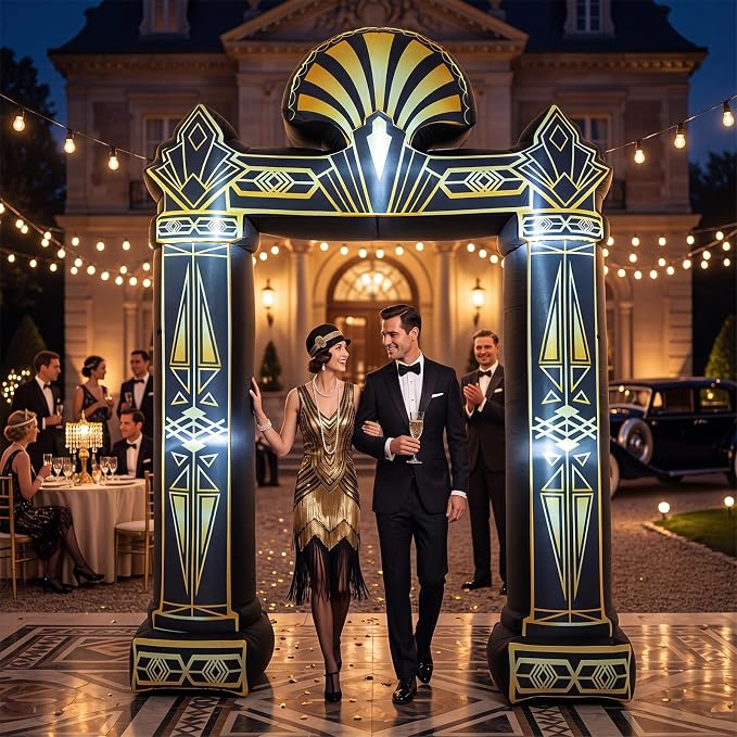 Seenelling 9 FT Roaring 20s Theme Giant Inflatable Archway Decoration Great Black Gold Geometric Arch Built-in LED Lights for 1920s Party Speakeasy Roaring Music Theme Party Supplies