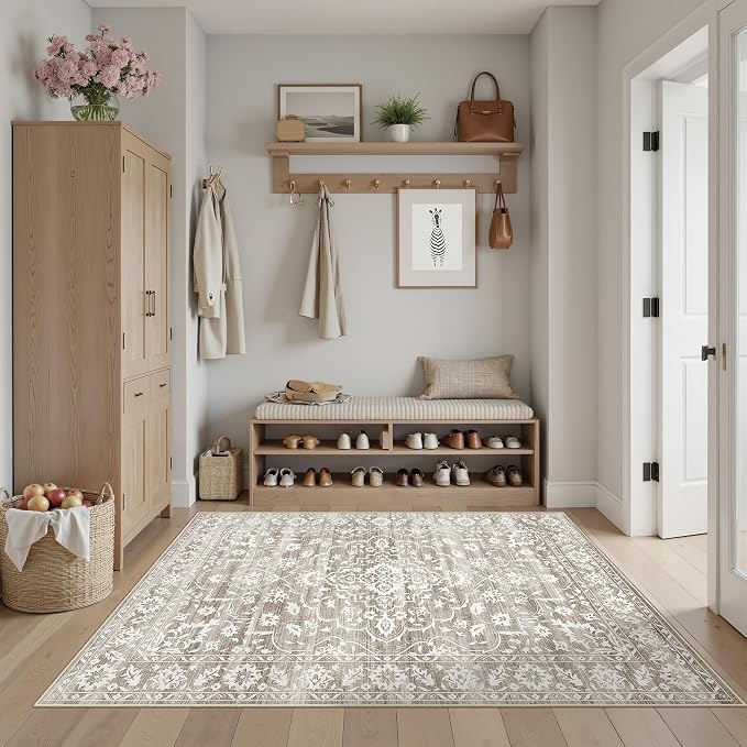 Soalmost 3x5 Area Rugs for Entryway, Washable Neutral Soft Rug Light Brown | Vintage Floral Low Pile Non-Slip Throw Area Rugs, Accent Rug Floral Indoor Mat for Bedside Living Room Kitchen Bedroom 3'x5'