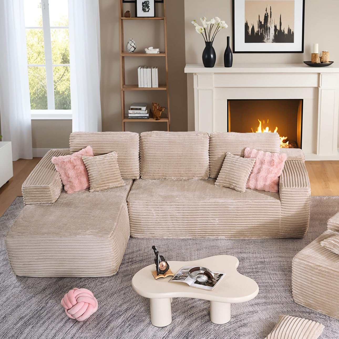 HOOOWOOO Cloud Sectional Couches for Living Room,Modular Sectional Sofa No Assembly,Plush Corduroy Large Floor Couch Furniture Set with Deep Seat Left Chaise L Shape(Beige)