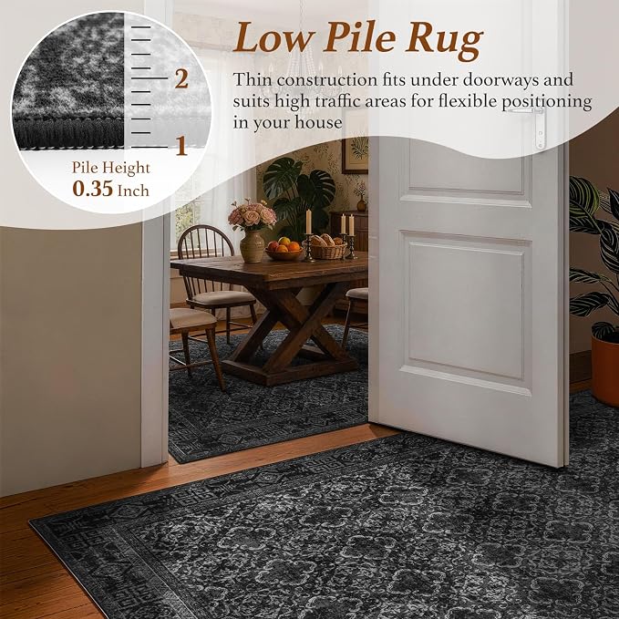 LIANLAM 6x9 Washable Area Rug, Vintage Boho Traditional Pattern, Non-Slip Stain Resistant Rug for Living Room Bedroom(6x9,Black/Boho)