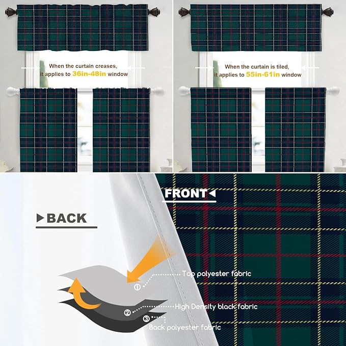 Shrahala Tartan Plaid Tier Curtains for Kitchen Windows, Green Scottish Fabric Kilt Twill Woven Cafe Curtain Multilayer Polyester Blackout Half Valances for Windows 2 Pack 36 X 26 in