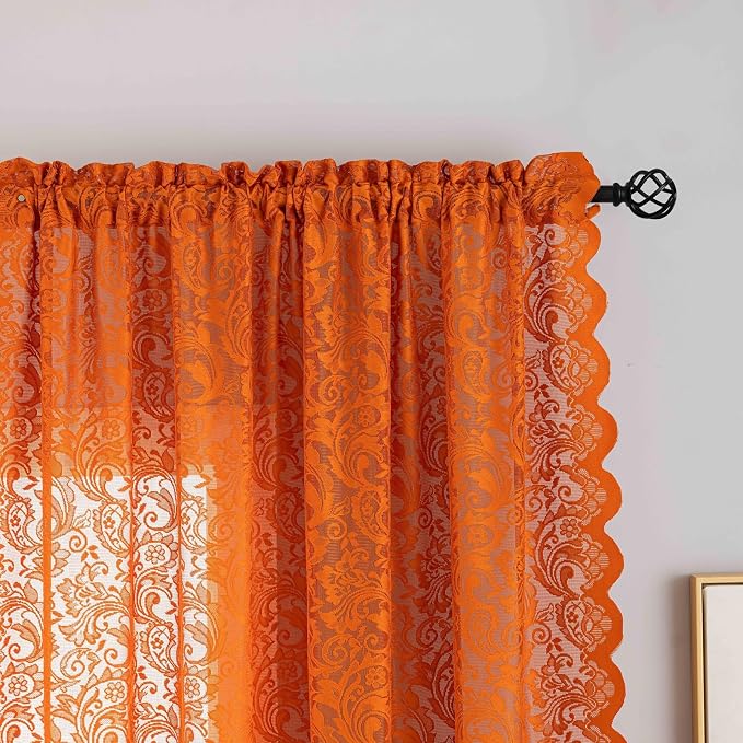 ALIGOGO Sheer Orange Curtains 108 Inches Long - Embroidered Floral Rust Window Treatment for Dining Room Farmhouse Orange Curtains 2 Panels, Scalloped Rod Pocket, 52 x 108 Inch