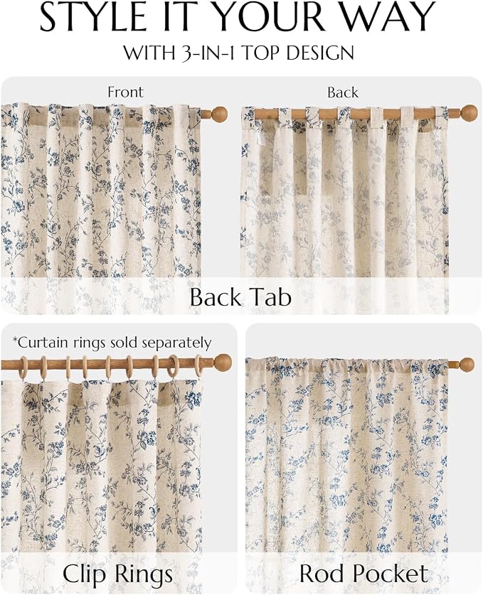 jinchan Blue Floral Linen Curtains 90 Inch French Country Back Tab 2 Panels | Flower patterned drapes, farmhouse, printed, light filtering, bedroom, living room, kitchen, window treatment, rod pocket
