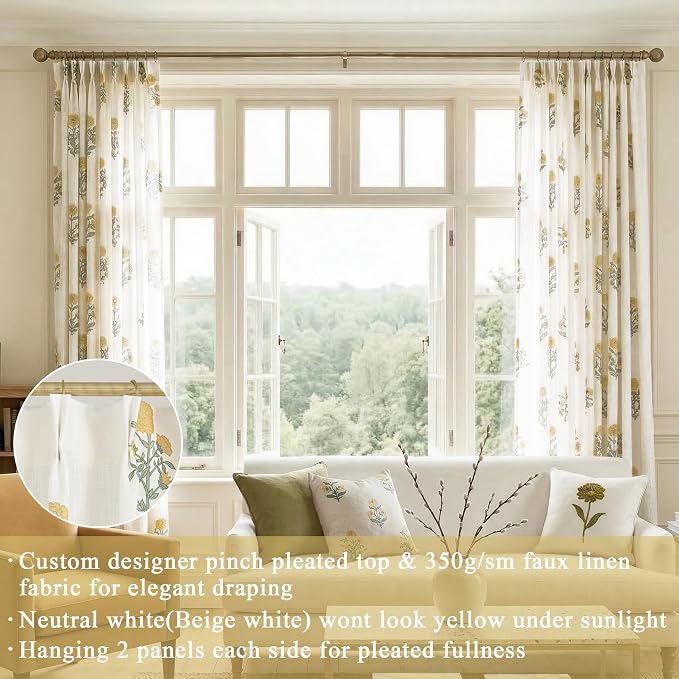 Spring Cute Colorful Floral Curtains for Living Room, 96 Inch Yellow and White Wildflower Design Semi Sheer Linen Pinch Pleated Drapes, Vintage Cottage Country Pattern Window Treatments, 2 Panels