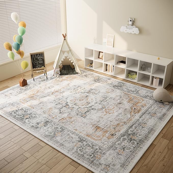 6x9 Area Rugs for Living Room: Washable Bedroom Rug Non Slip Low Pile Soft Faux Wool Non Shedding Distressed Vintage Boho Large Carpet for Dining Room Kitchen Nursery Under Table Farmhouse Home Office