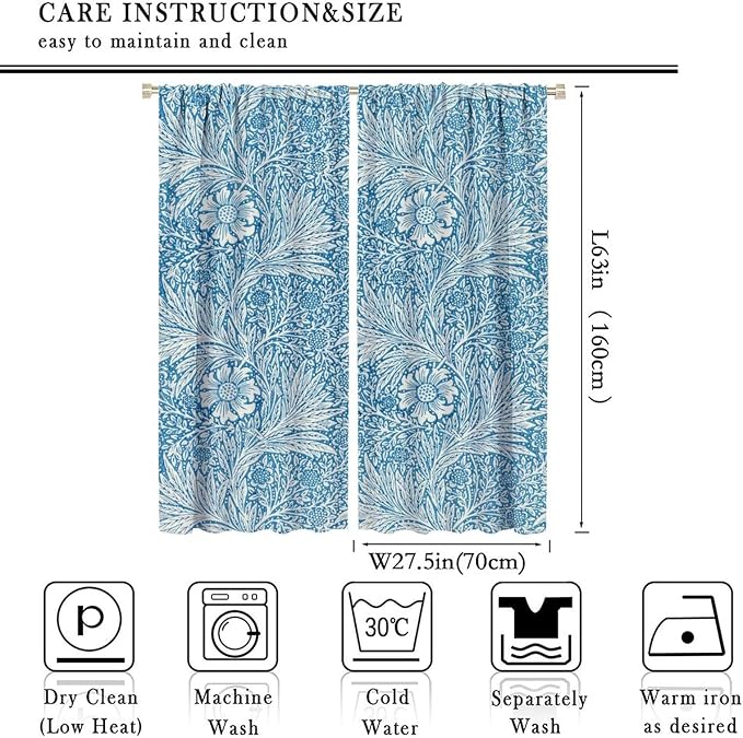 Bohe Vintage Floral Blackout Windows Curtains, William Morris Original Design Blue Flower Pattern Rod Pocket Curtains, for Living Room Bedroom 27.5(W)*63(L) 2 Panels