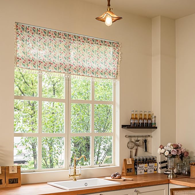 Deeprove Valance Kitchen Curtain Linen Look 18 Inch for Living Room Bedroom Window Treatment Fruits Red Cherry Print Privacy Light Filtering Vintage Rustic Farmhouse Cottagecore Rod Pocket 1 Panel