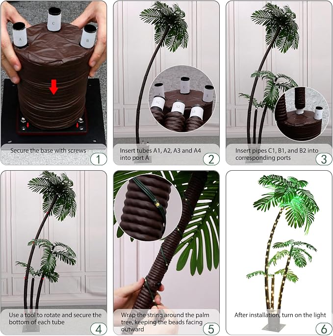 OUSHENG Lighted Palm Tree Bar Outdoor Christmas Decorations Decor, Light Up LED Artificial Fake Faux Trees Lights for Outside Patio Yard Pool Porch Deck Party Tropical, 6FT