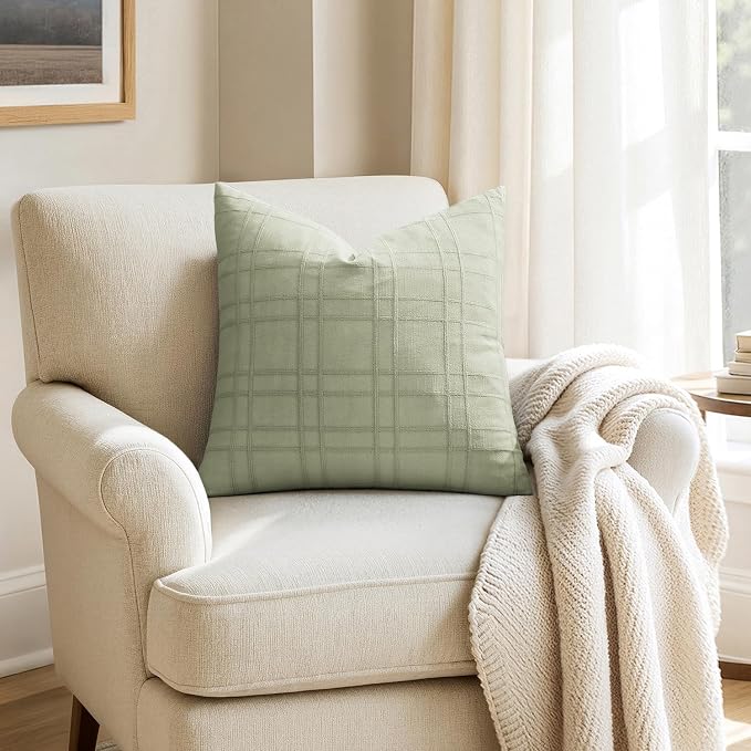 MIULEE Decorative Linen Check Throw Pillow Covers Neutral Farmhouse Vintage Pillow Covers 20x20 Set of 2 Boho Modern Home Decor for Sofa Couch Bedroom Cushion Seeding Green