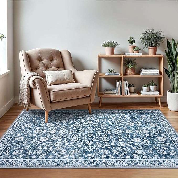 Vintage 3x5 Washable Rug for Entryway, Super Soft Blue and White Entryway Rug Non-Slip, Printed Faux Wool Floral 3x5 Area Rug Thin Floor Carpet for Kitchen, Bedroom, Office, Living Room