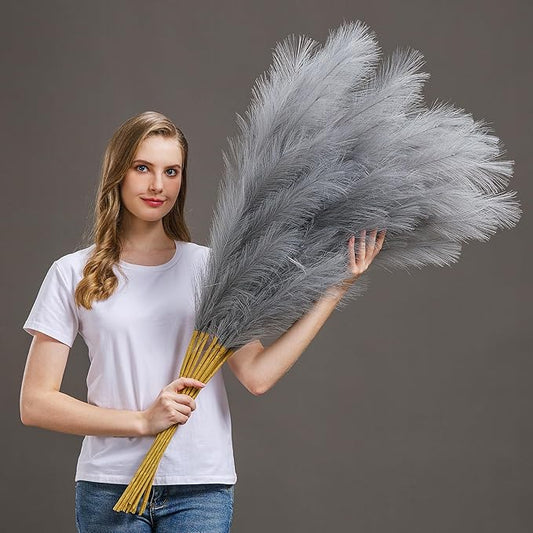7 Pcs 45" Faux Pampas Grass – Fluffy Artificial Pompous Grass for Tall Floor Vase, Non-Shedding Home Decor, Boho Wedding Flowers, Baby Shower Centerpieces, Bedroom & Living Room Decor (Grey)