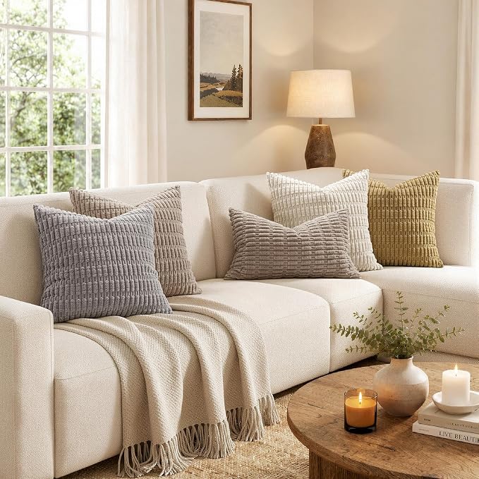 MIULEE Pack of 2 Corduroy Decorative Throw Pillow Covers 12x12 Inch Soft Boho Striped Pillow Covers Modern Farmhouse Home Decor for Sofa Living Room Couch Bed Light Brown