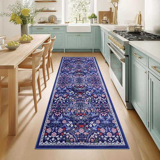 Runner Rug for Entryway: 2x5 Kitchen Rugs Non Slip Washable Ultra-Thin Soft Floral Carpet Indoor Floor Stain Resistant Carpets for Hallway Bedroom Kitchen Laundry Bathroom Dorm Blue