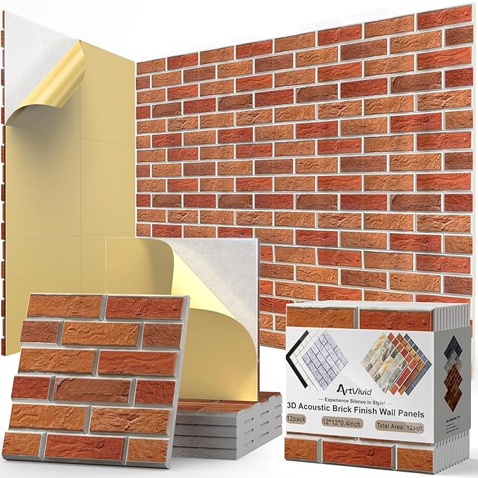 12Pack Acoustic Panels, Self-Adhesive 3D Brick Pattern Sound Proof Panels for Walls, High Density Decorative Sound Dampening Wall Panels for Recording Studios, Offices, Home, 12"×12"×0.4", Red