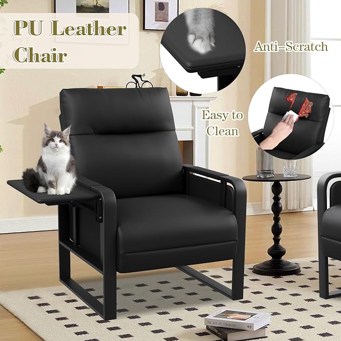 Black PU Leather Accent Chairs Set of 2 with Foldable Side Table | Modern Upholstered Armchair Leisure Side Chairs for Living Room Bedroom Comfy Reading Chair Office Club Chair with Metal Legs