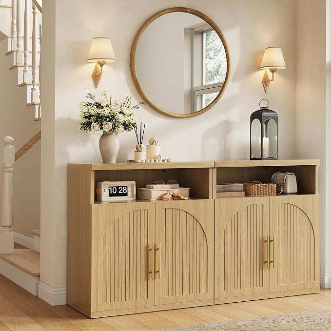 Fluted Buffet Cabinet with Storage, 31.5" Wide Wood Sideboard Credenza with Open Storage Shelf & Adjustable Shelves, Modern Kitchen Entryway Accent Table for Dining Room Living Room Hallway, Oak