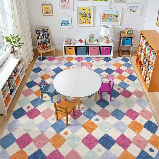 jinchan Macy 8x10 Kids Area Rug for Classroom Modern Colorful Nursery Rug Checkered Diamond Play Mat Washable Soft Non Slip Carpet for Playroom Living Room Bedroom Daycare Berries on Cream