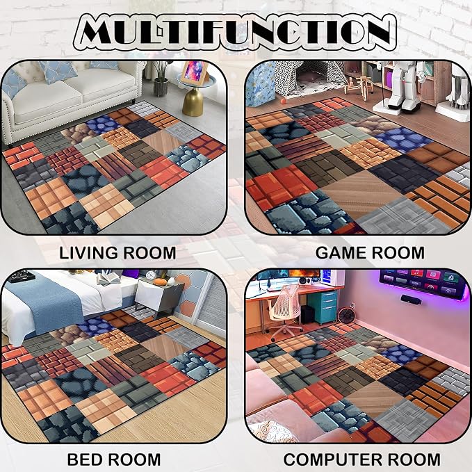 Game Rug - Old Game Block Theme Carpets for Boys Bedroom Living Room Gaming Room Decor Rugs for Boys Bedroom Large Playroom Rug, 5'x7'