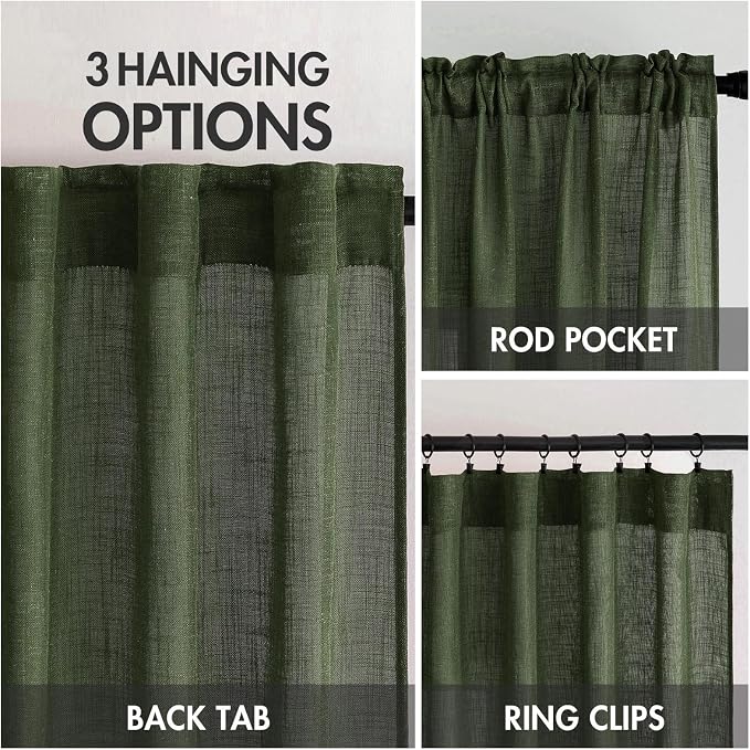 MIULEE Olive Green Linen Curtains 84 Inch Length for Bedroom Living Room, Soft Thick Linen Textured Window Drapes Semi Sheer Light Filtering Back Tab Rod Pocket Burlap Look Christmas Decor, 2 Panels