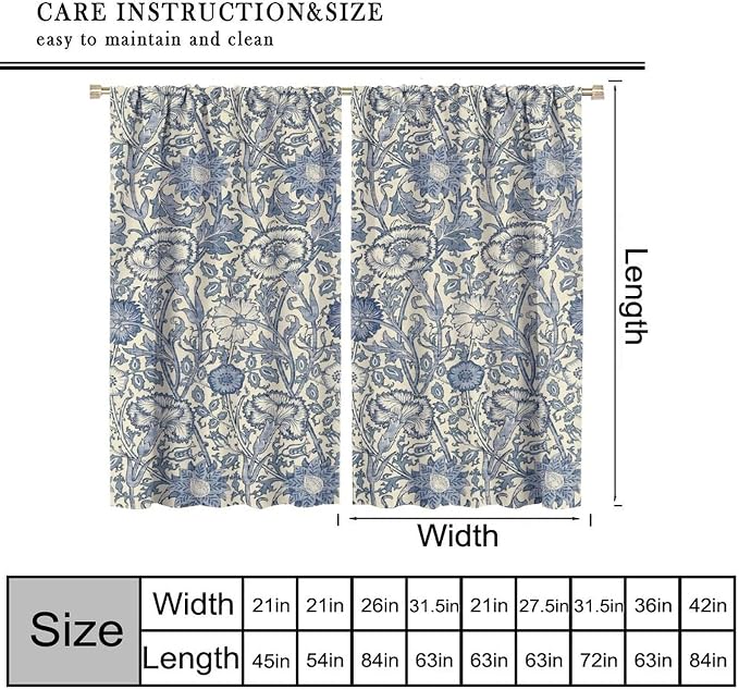 William Morris Plant Curtains, Rustic Farmhouse Retro Floral Flowers Print Blackout Window Treatments Drapes, for Living Room Bedroom Kitchen 36(W)*63(L) 2 Panels