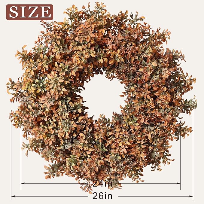 26" Artificial Fall Boxwood Wreath for Front Door Decor(Autumn Orange) | Large Wreath,Gradient Orange Leaves,Faux Aglaia Odorata Wreath,Window Wall Farmhouse Outdoor Decor for Harvest Thanksgiving