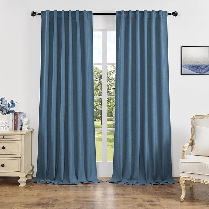DUALIFE Blue Linen 100% Blackout Curtains 108 Inch Length 10FT Hall Curtains Back Tab Rod Pocket Drapes Thermal Insulated Textured Living Room Black Out Curtains 2 Panels Set 50x108