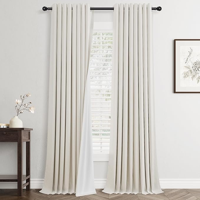 Jowels Beige White Linen Blackout Curtains 102 Length 2 Panels Set for Living Room Bedroom, 100% Black Out Thermal Insulated Linen Drapes, Room Darkening Grommet Curtains 102 Inches Long