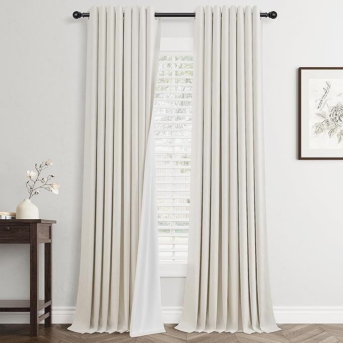 Jowels Beige White Linen Blackout Curtains 96 Length 2 Panels Set for Living Room Bedroom, 100% Black Out Thermal Insulated Linen Drapes, Room Darkening Grommet Curtains 96 Inches Long
