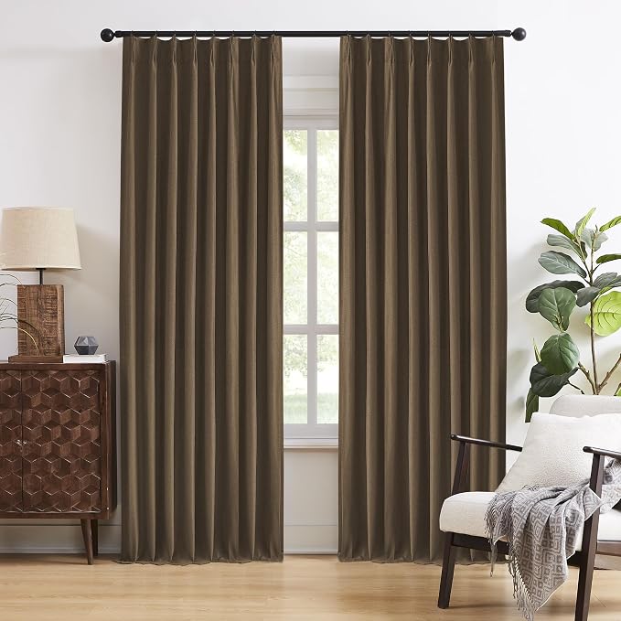 DUALIFE Chocolate Brown Pinch Pleated Blackout Curtains 92 Inches Long, Back Tab with Hooks, Linen Full Black Out Thermal Insulated Track Curtain for Bedroom Living Room,50" Wx92 L, 2 Panels