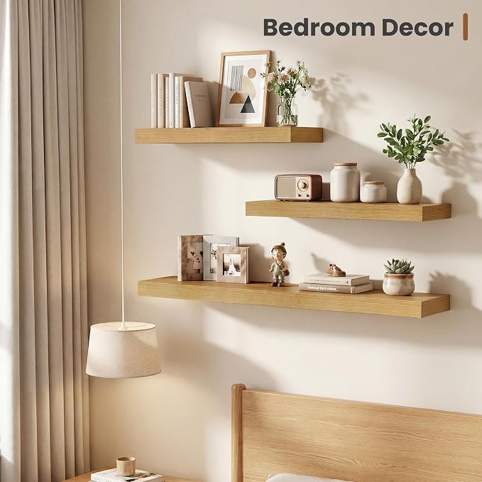 Vivelove 12 Inch Deep Floating Shelves 16 inch Long, 2 Inch Thick Wall Shelves with Invisible Brackets, Shelf for Bedroom Bathroom Living Room Kitchen Office Home Decor, Modern Shelf Set of 2, Oak