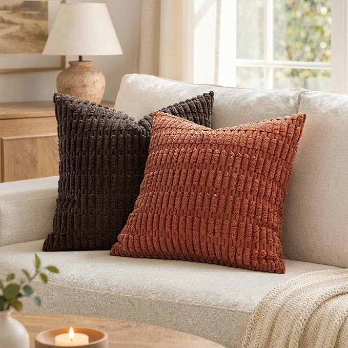 MIULEE Fall Pack of 2 Corduroy Decorative Throw Pillow Covers 18x18 Inch Soft Boho Striped Pillow Covers Modern Farmhouse Home Decor for Sofa Living Room Couch Bed Rust