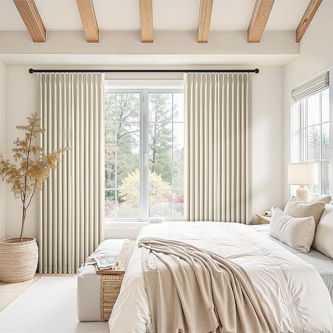 102 Inches Long 100% Blackout Ivory Beige Linen Curtains,Farmhouse Pinch Pleated Noise Cancelling Curtains with Pin Hooks for Traverse Rods, Burlap Viral Drapes 2 Panels for Living Room Master Bedroom