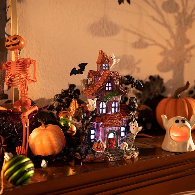 Valery Madelyn Halloween Decorations, Lighted Halloween Village Houses with LED Lights, Resin Spooky Town Happy Haunted House for Home and Party Table Desk Mantel, 9 Inch