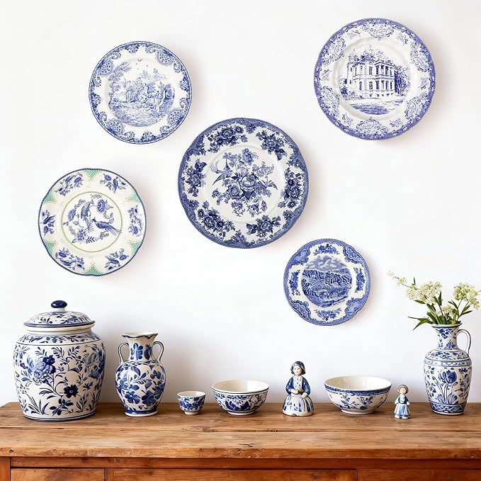5 Pcs Coastal Vintage Ceramic Wall Plates Set, Blue and White Decoration Hanging Plates with Botanical Patterns, Holland Vintage Gifts for Wall, Home Office Art Ornament(Architecture)