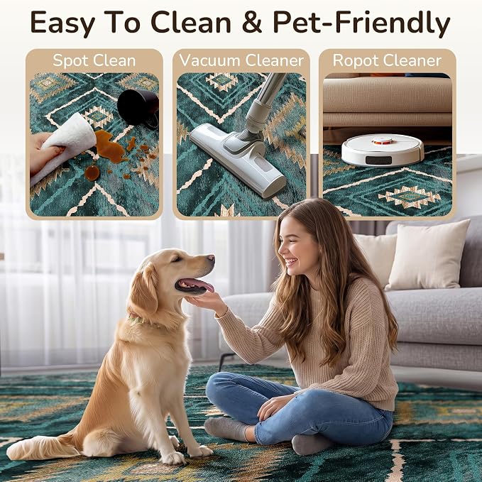 BESTSWEETIE Area Rug 5x7 Rug Machine Washable Non-Slip Low Pile Print Pattern Western Rug for Living Room Bedroom Entryway Tribal Series -Teal/Green