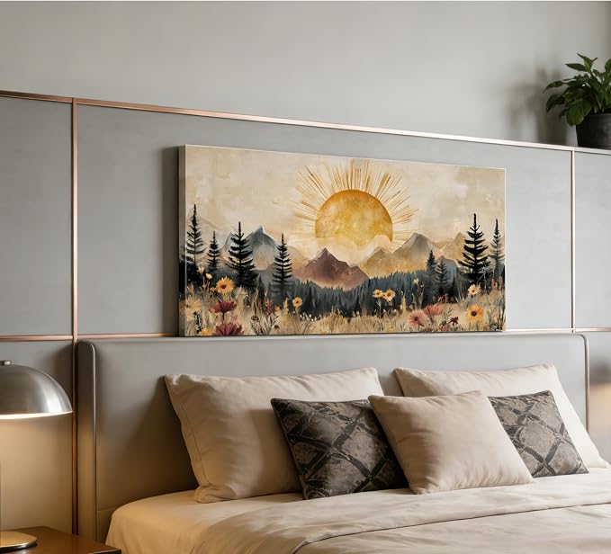 ZAWUDVC Large Boho Mountain Sun Wall Art, Vintage Nature Landscape Canvas Print Poster, Wildflower Forest Sunrise and Sunset Wall Decor for Living Room Bedroom, Rustic Home Decoration,