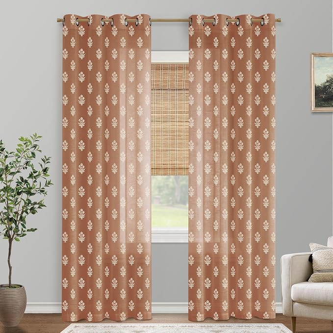 Boho Curtains 84 Inch Length 2 Panels Set for Bedroom,Vintage Floral Rustic Bohemian Terracotta Rust Color Block Print Western Long Linen Sheer Printed Farmhouse Curtains for Living Room