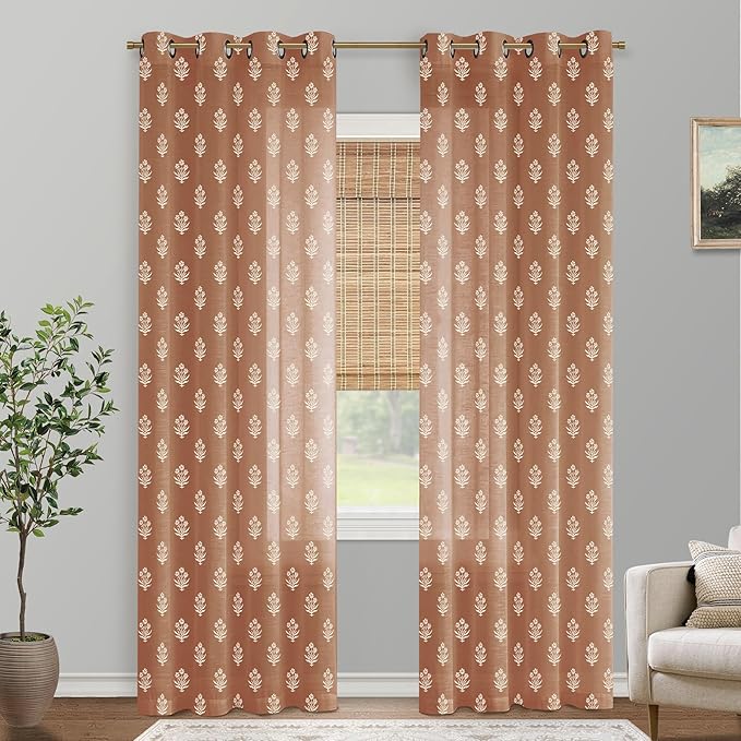Vintage Patterned Curtains 96 Inches Long for Living Room 2 Panel Set,Pattern Sheer Floral Farmhouse Boho Hippie Aztec Fall Linen Decorative Curtains for Bedroom,Terra Cotta Rust Burnt Orange