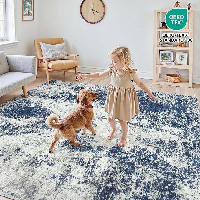 Area Rugs 6x9 Living Room: Large Soft Washable Rug Modern Abstract Anti-Skid Non-Shedding Carpet Indoor Floor Thin Carpets for Bedroom Dining Room Farmhouse Nursery Home Office Blue